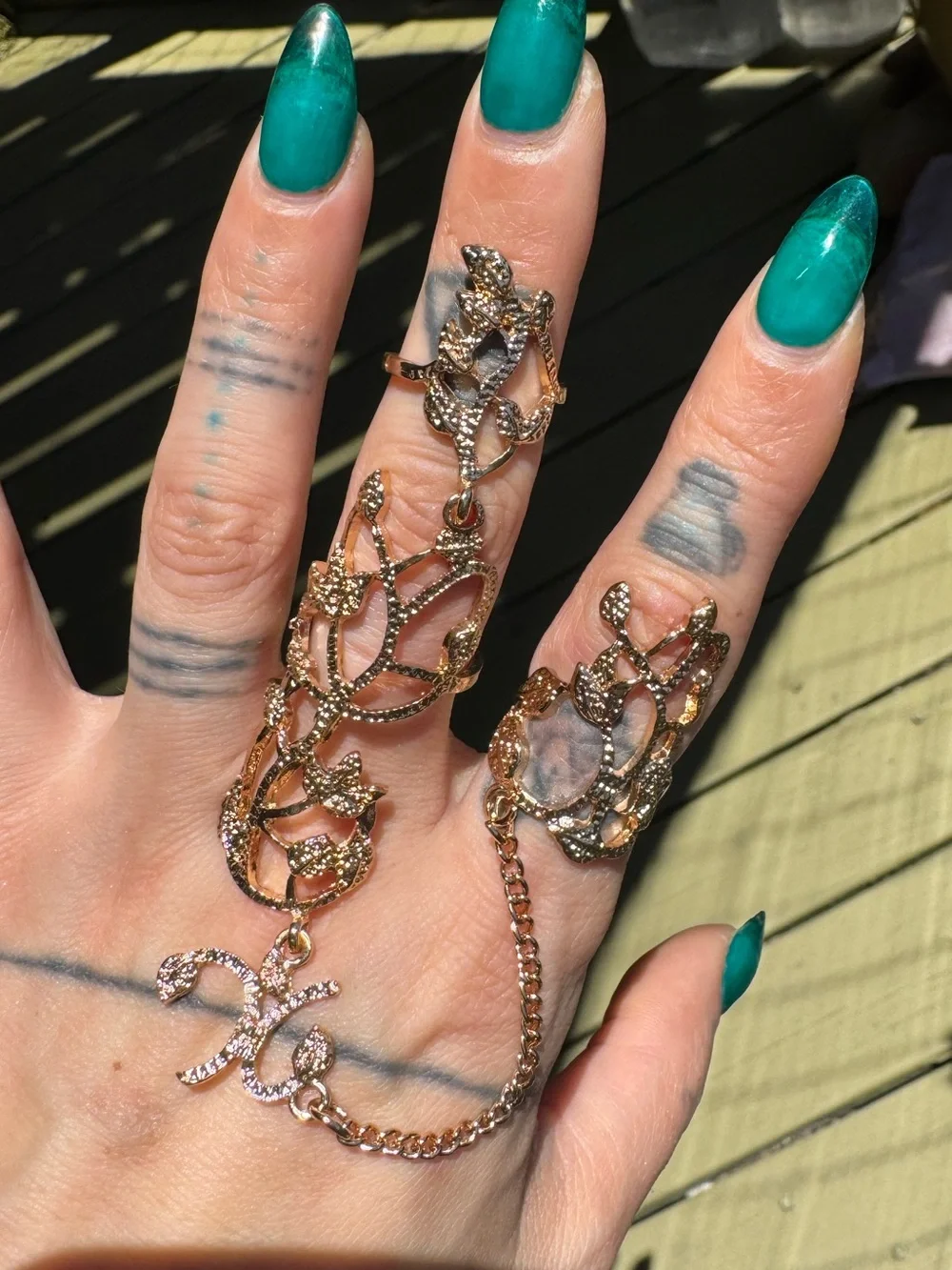 Gold Leaf Hand Chain Double Ring